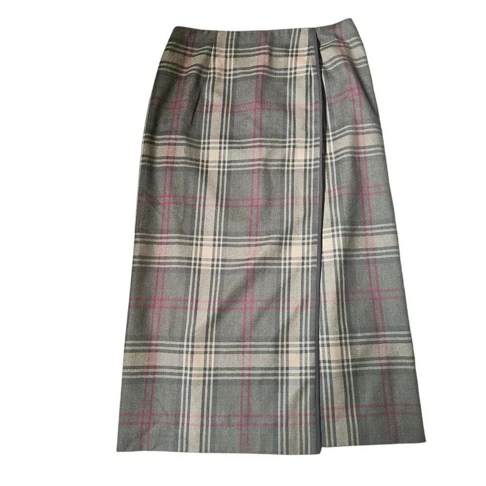 VTG Talbots Midi Skirt 100% Wool Women's SZ 14 Plaid Gray Preppy Academia Work - Picture 1 of 12